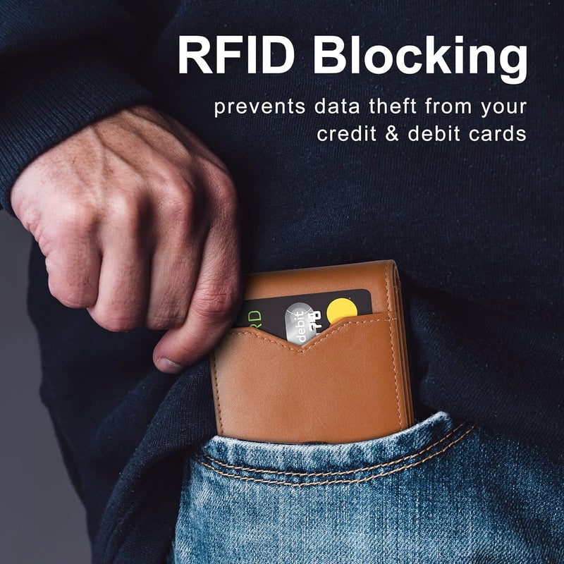 GSOIAX محفظة رفيعة للرجال مصنوعة من الجلد الحقيقي وألياف الكربون مع تقنية حجب RFID، حافظة بطاقات ائتمان قابلة للطي مع علبة هدايا (بني ورمادي) - Image 4